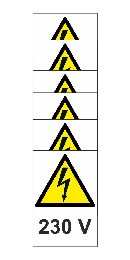 KIT DI 6 ADESIVI RETTANGOLARI - 230 volt - Pittogramma ISO 7010 Con Stampa Diretta U.V. (IDEALE ANCHE PER ESTERNO)