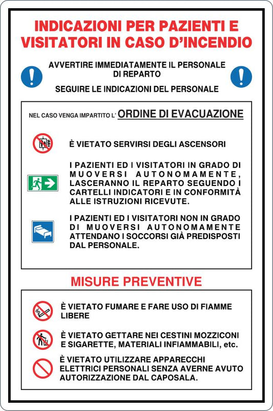 GLOBAL CARTELLO SEGNALETICO - INDICAZIONI PER PAZIENTI E VISITATORI IN CASO DI INCENDIO - Adesivo Resistente, Pannello in Forex, Pannello In Alluminio