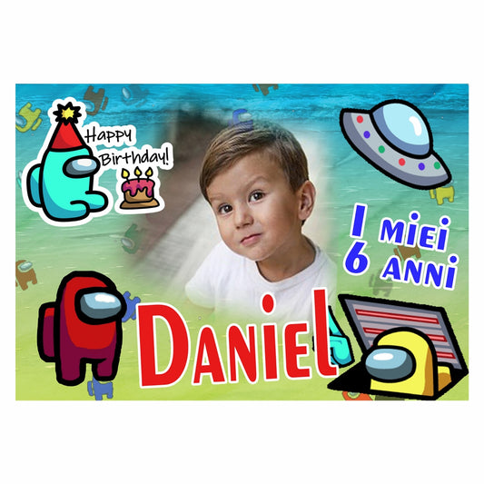 GLOBAL STRISCIONE FONDALE COMPLEANNO - Among Us - STRISCIONE PERSONALIZZATO IN CARTA O IN BANNER PVC ANCHE DA ESTERNO GARANZIA 5 ANNI