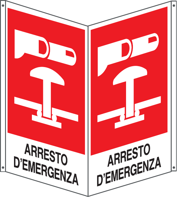 GLOBAL CARTELLO SEGNALETICO BIFACCIALE QUADRATO - ARRESTO D'EMERGENZA - In Alluminio Con Stampa Diretta U.V. (IDEALE ANCHE PER ESTERNO)