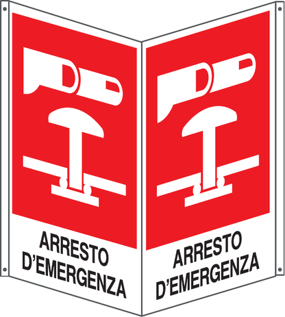 GLOBAL CARTELLO SEGNALETICO BIFACCIALE QUADRATO - ARRESTO D'EMERGENZA - In Alluminio Con Stampa Diretta U.V. (IDEALE ANCHE PER ESTERNO)