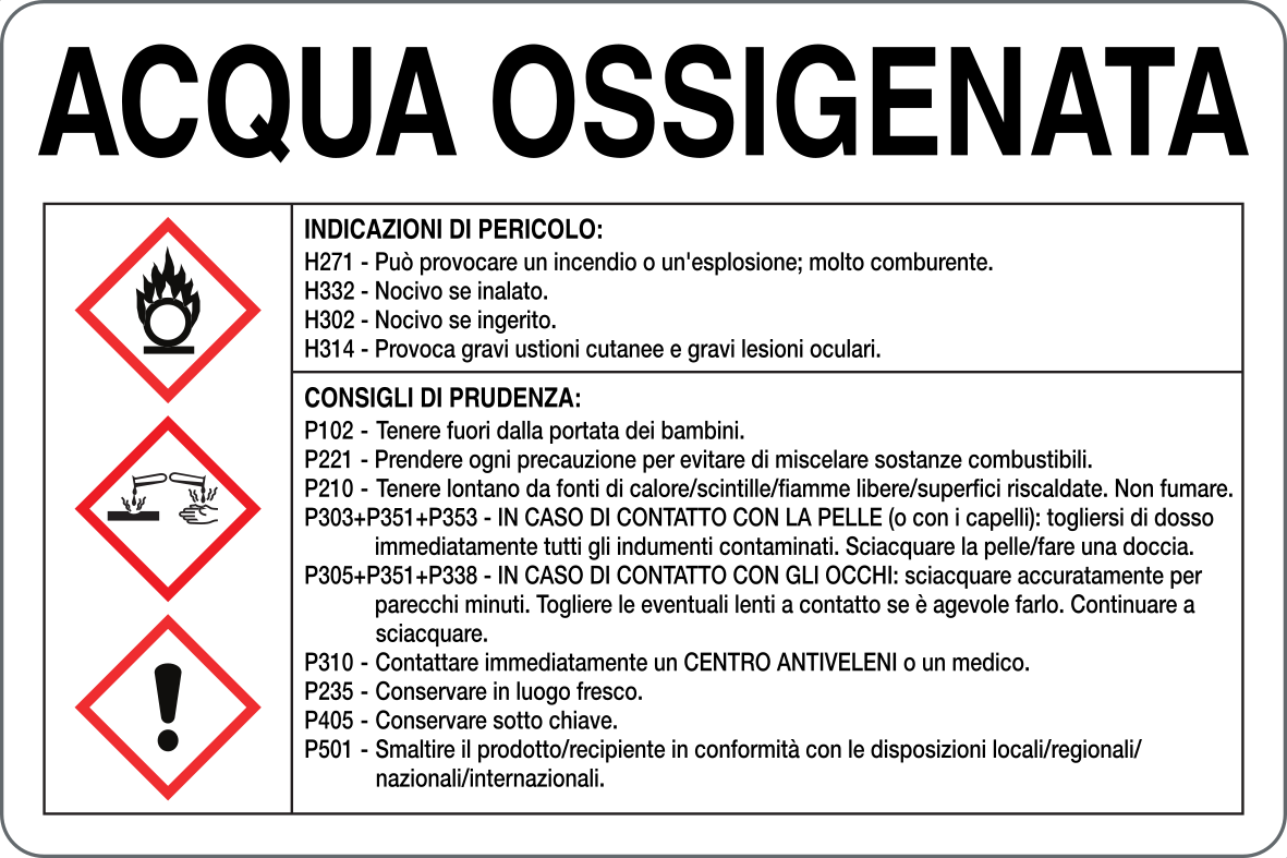 GLOBAL CARTELLO SEGNALETICO - ACQUA OSSIGENATA RISCHI E CONSIGLI DI PRUDENZA - Adesivo Resistente, Pannello in Forex, Pannello In Alluminio