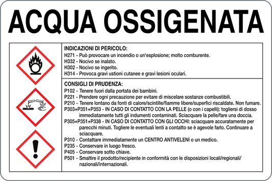 GLOBAL CARTELLO SEGNALETICO - ACQUA OSSIGENATA RISCHI E CONSIGLI DI PRUDENZA - Adesivo Resistente, Pannello in Forex, Pannello In Alluminio
