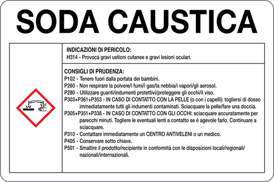 GLOBAL CARTELLO SEGNALETICO - SODA CAUSTICA RISCHI E CONSIGLI DI PRUDENZA - Adesivo Resistente, Pannello in Forex, Pannello In Alluminio