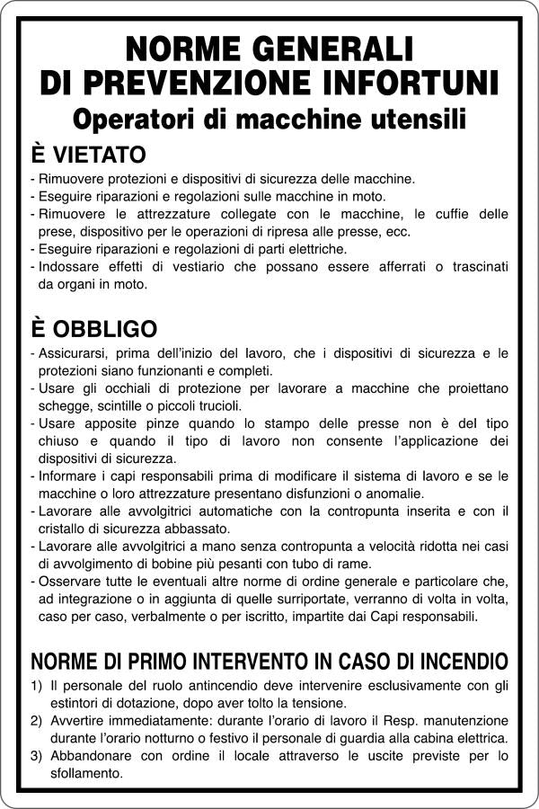GLOBAL CARTELLO SEGNALETICO - OPERATORI MACCHINE UTENSILI - NORME GENERALI - Adesivo Resistente, Pannello in Forex, Pannello In Alluminio
