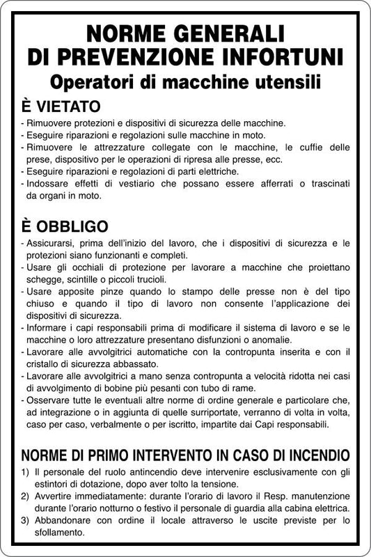 GLOBAL CARTELLO SEGNALETICO - OPERATORI MACCHINE UTENSILI - NORME GENERALI - Adesivo Resistente, Pannello in Forex, Pannello In Alluminio
