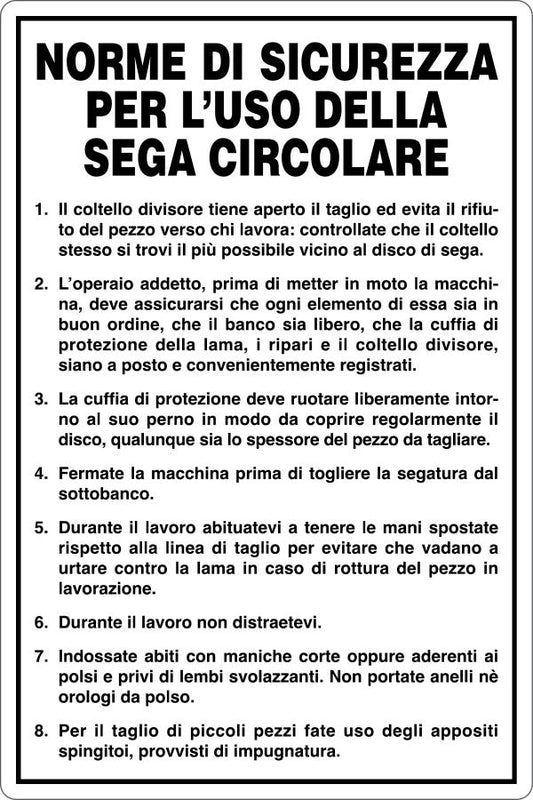 GLOBAL CARTELLO SEGNALETICO - SEGA CIRCOLARE - NORME DI SICUREZZA - Adesivo Resistente, Pannello in Forex, Pannello In Alluminio