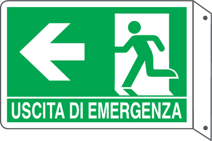GLOBAL CARTELLO SEGNALETICO BIFACCIALE - USCITA DI EMERGENZA A SINISTRA - In Alluminio Con Stampa Diretta U.V. (IDEALE ANCHE PER ESTERNO)