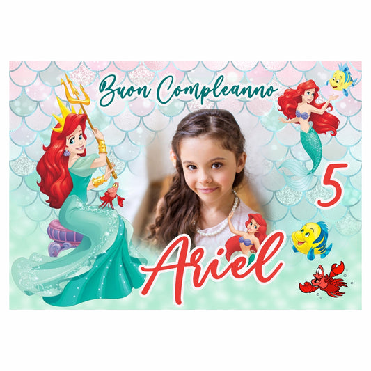 GLOBAL STRISCIONE FONDALE COMPLEANNO - Ariel Sirenetta mod 2 - STRISCIONE PERSONALIZZATO IN CARTA O IN BANNER PVC ANCHE DA ESTERNO GARANZIA 5 ANNI