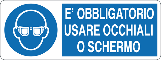 È OBBLIGATORIO USARE OCCHIALI O SCHERMO - CARTELLO SEGNALETICO UNI ISO 7010 in Adesivo, Pannello in Forex, Pannello In Alluminio