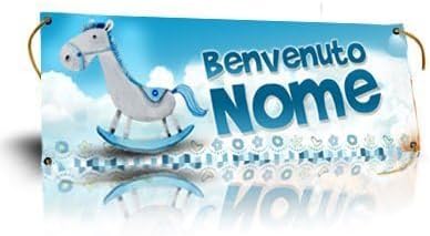 GLOBAL STRISCIONE FONDALE NASCITA - BAMBINO CON CAVALLINO - STRISCIONE PERSONALIZZATO IN CARTA O IN BANNER PVC ANCHE DA ESTERNO GARANZIA 5 ANNI