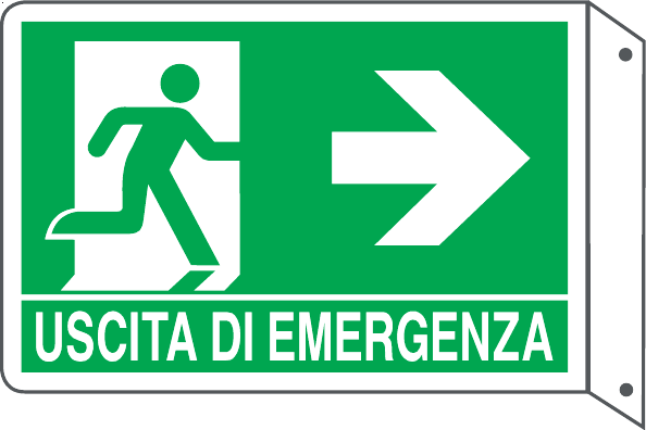 GLOBAL CARTELLO SEGNALETICO BIFACCIALE - USCITA DI EMERGENZA A DESTRA - In Alluminio Con Stampa Diretta U.V. (IDEALE ANCHE PER ESTERNO)