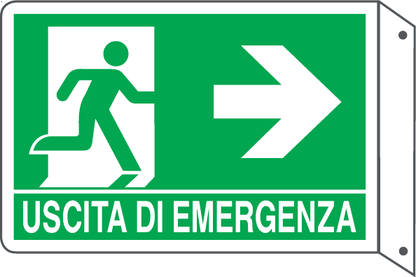 GLOBAL CARTELLO SEGNALETICO BIFACCIALE - USCITA DI EMERGENZA A DESTRA - In Alluminio Con Stampa Diretta U.V. (IDEALE ANCHE PER ESTERNO)