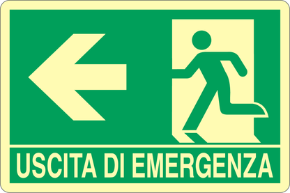 GLOBAL CARTELLO SEGNALETICO LUMINESCENTE - USCITA DI EMERGENZA A SINISTRA - Adesivo Luminescente O Pannello Rigido Luminescente