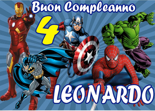 GLOBAL STRISCIONE FONDALE COMPLEANNO - Avengers Supereroi - STRISCIONE PERSONALIZZATO IN CARTA O IN BANNER PVC ANCHE DA ESTERNO GARANZIA 5 ANNI