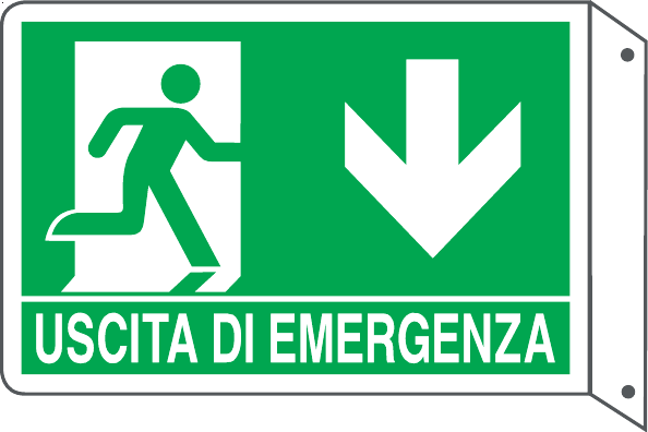 GLOBAL CARTELLO SEGNALETICO BIFACCIALE - USCITA DI EMERGENZA VERSO IL BASSO - In Alluminio Con Stampa Diretta U.V. (IDEALE ANCHE PER ESTERNO)