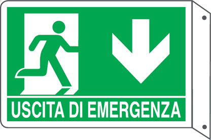 GLOBAL CARTELLO SEGNALETICO BIFACCIALE - USCITA DI EMERGENZA VERSO IL BASSO - In Alluminio Con Stampa Diretta U.V. (IDEALE ANCHE PER ESTERNO)