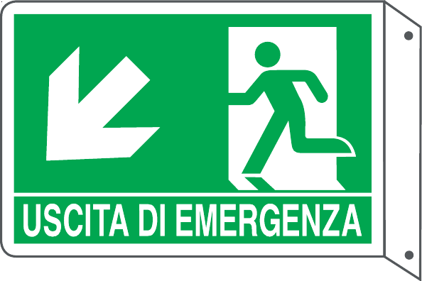 GLOBAL CARTELLO SEGNALETICO BIFACCIALE - USCITA DI EMERGENZA DISCESA SINISTRA - In Alluminio Con Stampa Diretta U.V. (IDEALE ANCHE PER ESTERNO)