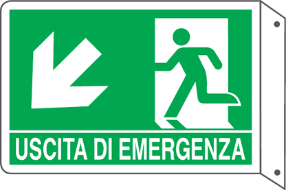 GLOBAL CARTELLO SEGNALETICO BIFACCIALE - USCITA DI EMERGENZA DISCESA SINISTRA - In Alluminio Con Stampa Diretta U.V. (IDEALE ANCHE PER ESTERNO)