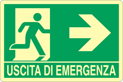 GLOBAL CARTELLO SEGNALETICO LUMINESCENTE - USCITA DI EMERGENZA A DESTRA - Adesivo Luminescente O Pannello Rigido Luminescente