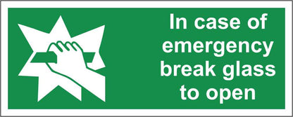 In Case Of Emergency Break Glass To Open - CARTELLO SEGNALETICO UNI ISO 7010 in Adesivo Resistente, Pannello in Forex, Pannello In Alluminio