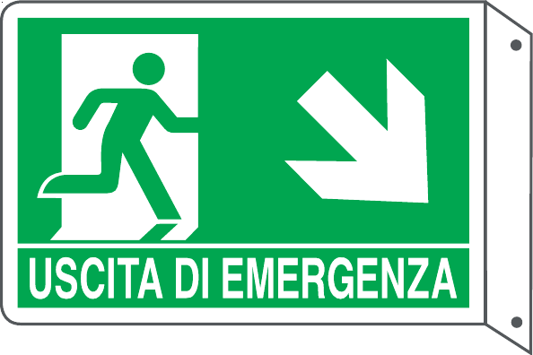 GLOBAL CARTELLO SEGNALETICO BIFACCIALE - USCITA DI EMERGENZA DISCESA DESTRA - In Alluminio Con Stampa Diretta U.V. (IDEALE ANCHE PER ESTERNO)