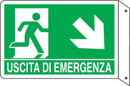 GLOBAL CARTELLO SEGNALETICO BIFACCIALE - USCITA DI EMERGENZA DISCESA DESTRA - In Alluminio Con Stampa Diretta U.V. (IDEALE ANCHE PER ESTERNO)