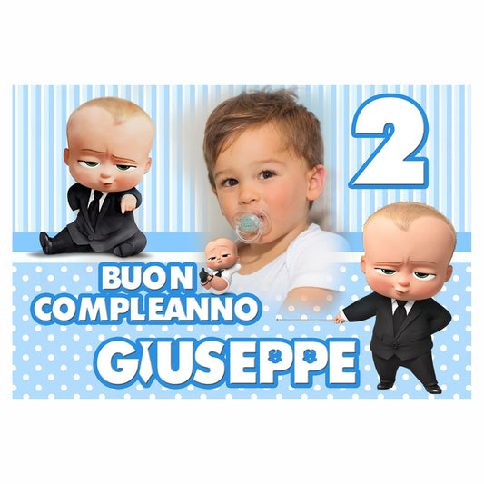 GLOBAL STRISCIONE FONDALE COMPLEANNO - Baby Boss - STRISCIONE PERSONALIZZATO IN CARTA O IN BANNER PVC ANCHE DA ESTERNO GARANZIA 5 ANNI