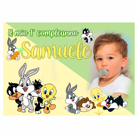 GLOBAL STRISCIONE FONDALE COMPLEANNO - Baby Looney Tunes - STRISCIONE PERSONALIZZATO IN CARTA O IN BANNER PVC ANCHE DA ESTERNO GARANZIA 5 ANNI