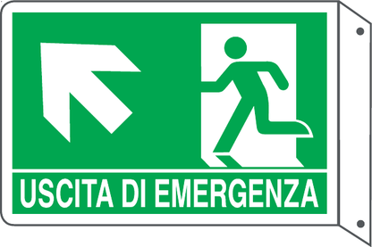 GLOBAL CARTELLO SEGNALETICO BIFACCIALE - USCITA DI EMERGENZA SALITA SINISTRA - In Alluminio Con Stampa Diretta U.V. (IDEALE ANCHE PER ESTERNO)