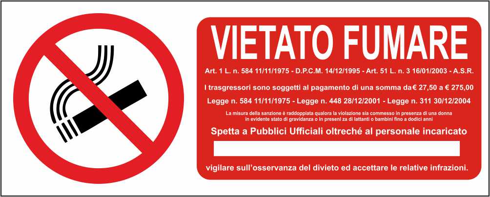 Vietato fumare art.1 l.n 584 - CARTELLO SEGNALETICO UNI ISO 7010 in Adesivo Resistente, Pannello in Forex, Pannello In Alluminio