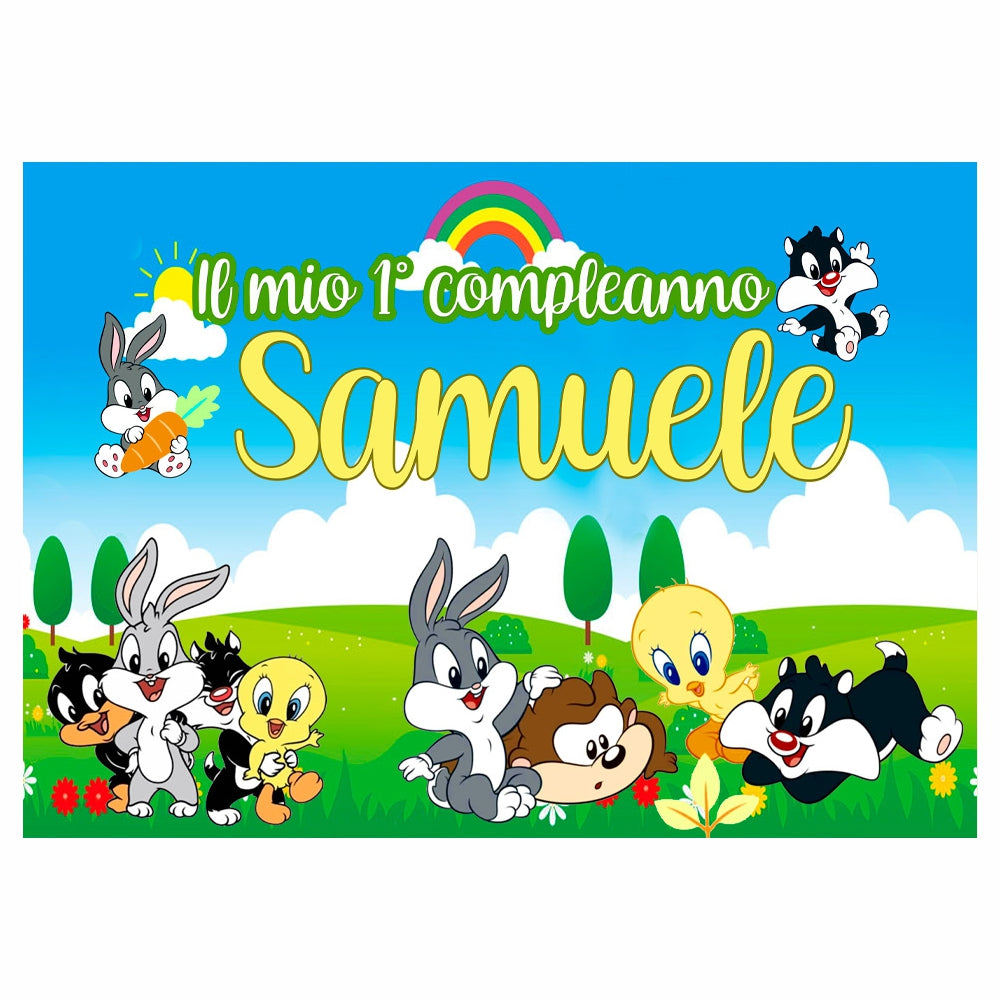 GLOBAL STRISCIONE FONDALE COMPLEANNO - Baby Looney Tunes mod 2 - STRISCIONE PERSONALIZZATO IN CARTA O IN BANNER PVC ANCHE DA ESTERNO GARANZIA 5 ANNI
