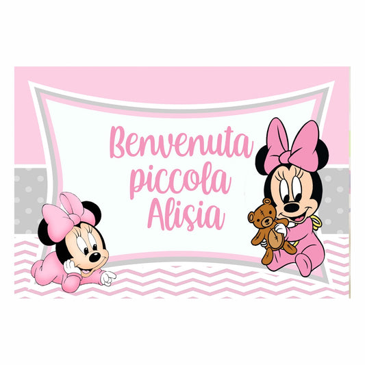 GLOBAL STRISCIONE FONDALE COMPLEANNO - Baby Minnie Topolina - STRISCIONE PERSONALIZZATO IN CARTA O IN BANNER PVC ANCHE DA ESTERNO GARANZIA 5 ANNI