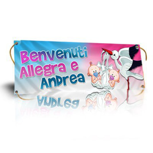 GLOBAL STRISCIONE FONDALE NASCITA - GEMELLI mod 3 - IN CARTA O IN BANNER PVC ANCHE DA ESTERNO GARANZIA 5 ANNI