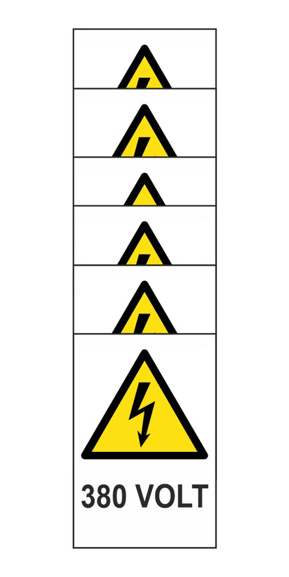 KIT DI 6 ADESIVI RETTANGOLARI - 380 VOLT - Pittogramma ISO 7010 Con Stampa Diretta U.V. (IDEALE ANCHE PER ESTERNO)