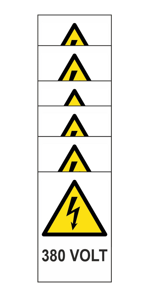 KIT DI 6 ADESIVI RETTANGOLARI - 380 VOLT - Pittogramma ISO 7010 Con Stampa Diretta U.V. (IDEALE ANCHE PER ESTERNO)