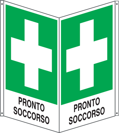 GLOBAL CARTELLO SEGNALETICO BIFACCIALE QUADRATO - PRONTO SOCCORSO - In Alluminio Con Stampa Diretta U.V. (IDEALE ANCHE PER ESTERNO)
