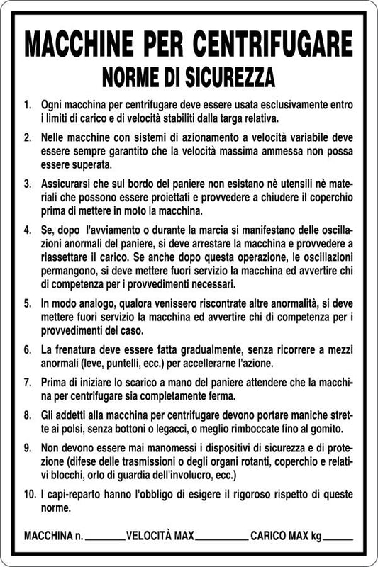 GLOBAL CARTELLO SEGNALETICO - MACCHINE PER CENTRIFUGARE - NORME DI SICUREZZA - Adesivo Resistente, Pannello in Forex, Pannello In Alluminio