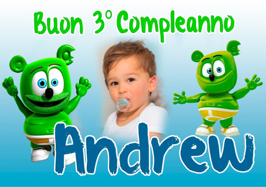 GLOBAL STRISCIONE FONDALE COMPLEANNO - Gummy Bear - STRISCIONE PERSONALIZZATO IN CARTA O IN BANNER PVC ANCHE DA ESTERNO GARANZIA 5 ANNI