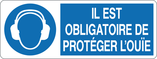 IL EST OBLIGATOIRE DE PROTEGER L'OUIE - CARTELLO SEGNALETICO UNI ISO 7010 in Adesivo, Pannello in Forex, Pannello In Alluminio
