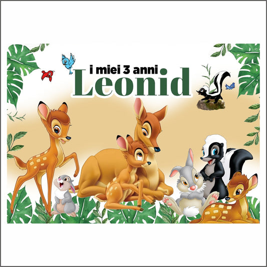 GLOBAL STRISCIONE FONDALE COMPLEANNO - Bambi - STRISCIONE PERSONALIZZATO IN CARTA O IN BANNER PVC ANCHE DA ESTERNO GARANZIA 5 ANNI