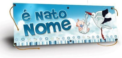 GLOBAL STRISCIONE FONDALE NASCITA - BAMBINO CON CICOGNA - STRISCIONE PERSONALIZZATO IN CARTA O IN BANNER PVC ANCHE DA ESTERNO GARANZIA 5 ANNI