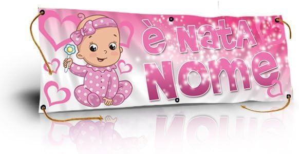 GLOBAL STRISCIONE FONDALE NASCITA - BAMBINA CON SONAGLIO  - STRISCIONE PERSONALIZZATO IN CARTA O IN BANNER PVC ANCHE DA ESTERNO GARANZIA 5 ANNI