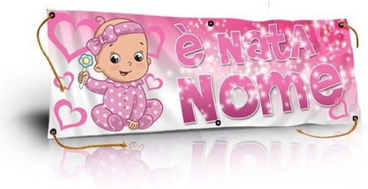 GLOBAL STRISCIONE FONDALE NASCITA - BAMBINA CON SONAGLIO  - STRISCIONE PERSONALIZZATO IN CARTA O IN BANNER PVC ANCHE DA ESTERNO GARANZIA 5 ANNI