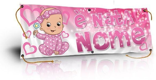 GLOBAL STRISCIONE FONDALE NASCITA - BAMBINA CON SONAGLIO  - STRISCIONE PERSONALIZZATO IN CARTA O IN BANNER PVC ANCHE DA ESTERNO GARANZIA 5 ANNI