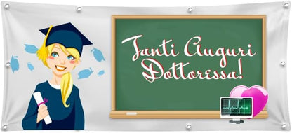 GLOBAL STRISCIONE FONDALE LAUREA - TANTI AUGURI DOTTORESSA - STRISCIONE PERSONALIZZATO IN CARTA O IN BANNER PVC ANCHE DA ESTERNO GARANZIA 5 ANNI