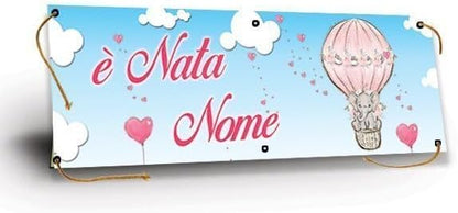 GLOBAL STRISCIONE FONDALE NASCITA - BAMBINA CON ELEFANTINO - STRISCIONE PERSONALIZZATO IN CARTA O IN BANNER PVC ANCHE DA ESTERNO GARANZIA 5 ANNI