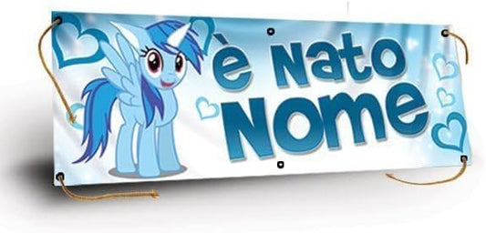 GLOBAL STRISCIONE FONDALE NASCITA - PONY CELESTE - STRISCIONE PERSONALIZZATO IN CARTA O IN BANNER PVC ANCHE DA ESTERNO GARANZIA 5 ANNI