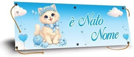 GLOBAL STRISCIONE FONDALE NASCITA -  BAMBINO CON GATTO - STRISCIONE PERSONALIZZATO IN CARTA O IN BANNER PVC ANCHE DA ESTERNO GARANZIA 5 ANNI