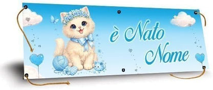 GLOBAL STRISCIONE FONDALE NASCITA -  BAMBINO CON GATTO - STRISCIONE PERSONALIZZATO IN CARTA O IN BANNER PVC ANCHE DA ESTERNO GARANZIA 5 ANNI